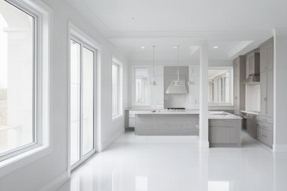 Interior de una vivienda reci&eacute;n construida despu&eacute;s de una limpieza fina post-obra con superficies brillantes y sin polvo